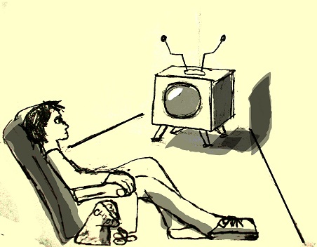A disinterested man watching television.